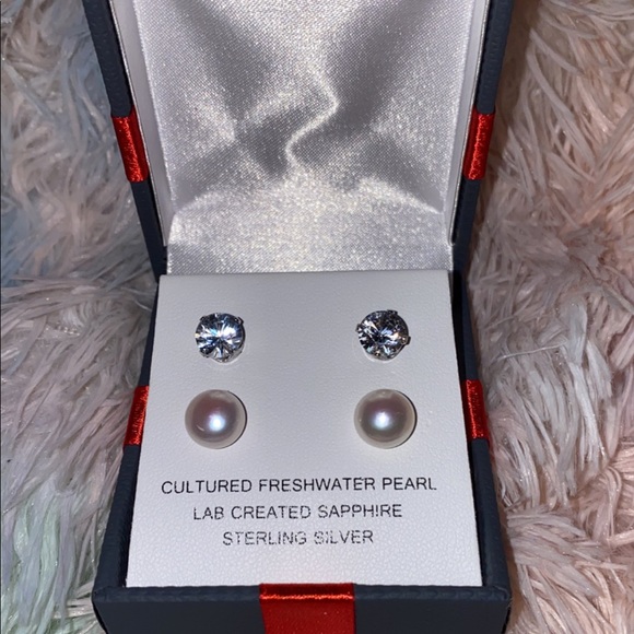 Lab Created White Sapphire and Cultured Freshwater Pearl Earring Set - Picture 1 of 6